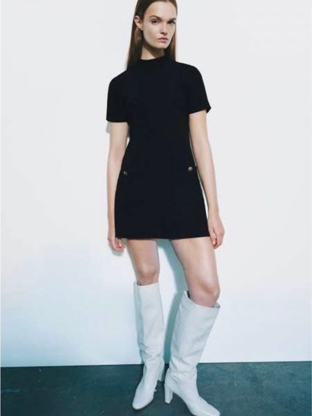 Zara Black Short-Sleeve Mini Dress with Button Accent